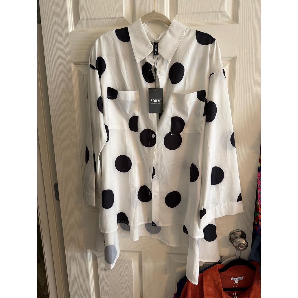 Stylewe, User: None Stylewe White and Black Polka Dot Button-Down Long Sleeve Sh - Picture 1 of 2